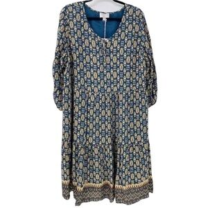 Ryllace peasant prairie dress Dark Teal geometric Size 18 poet tie neck